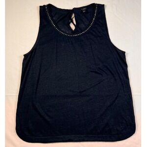 Ann Taylor Navy Linen Knit Tank Top Beaded Neck Keyhole Sleeveless Women's L